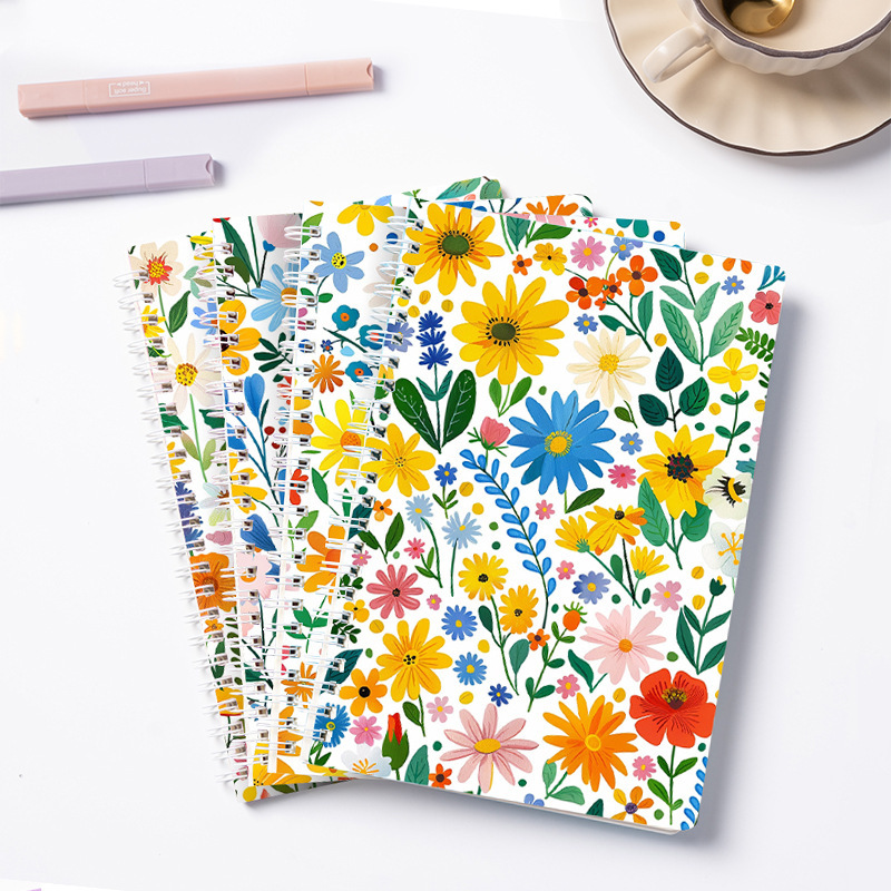 Cross-Border Exclusive Coil-Bound Notebook Set of 4, Small Floral Pattern Notebook, High Aesthetic Value, Ins-Style Lined Notebook, Journal