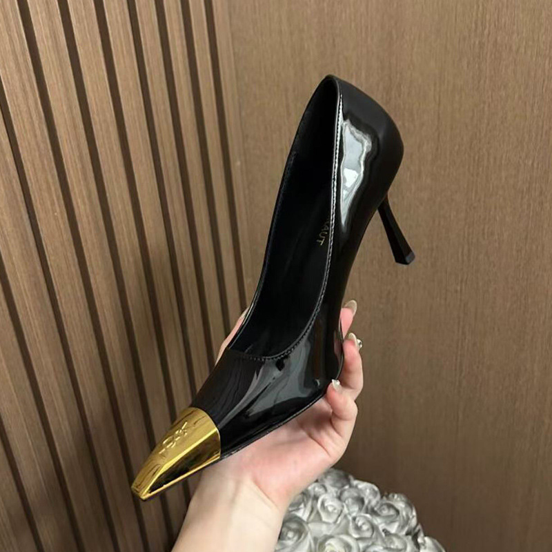 2024 New Style Celebrity Ladies Metallic Letter Square-toe High Heels Women's Patent Leather Matte Shallow Mouth Yujie Sexy Stiletto Heel Single-layer Shoes