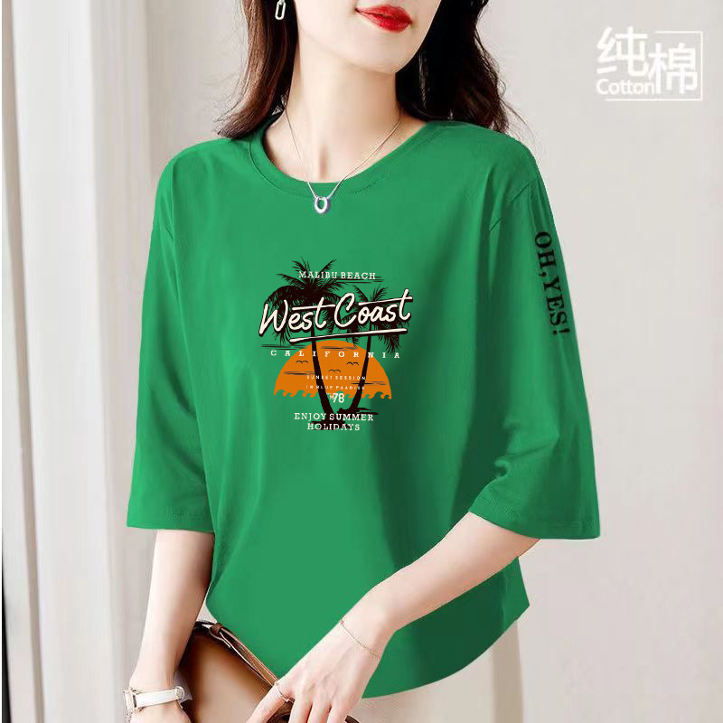 綿 100% 七分袖スウェットシャツ女性のための夏 2024 新しい韓国スタイル薄いルーズ痩身ベリートップ Tシャツ|undefined
