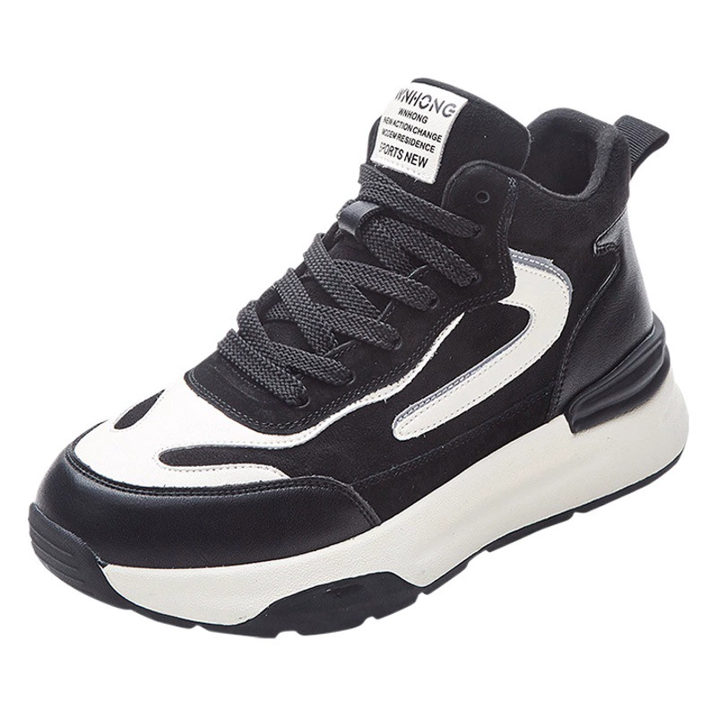 Новые женские кроссовки-хайтопы из натуральной кожи на осень/зиму 2025 года, на толстой подошве, с цветными вставками, на флисовой подкладке, на шнуровке, повседневные, модные на Instagram.