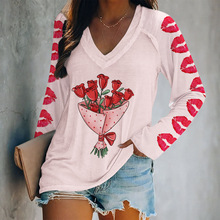 跨境25年情人节热销春季新款数码印花V领长袖宽松女士T恤批发外贸