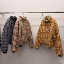 现货2025冬季新韩国东大门设计感翻领拉链格纹两面穿摇粒绒外套女