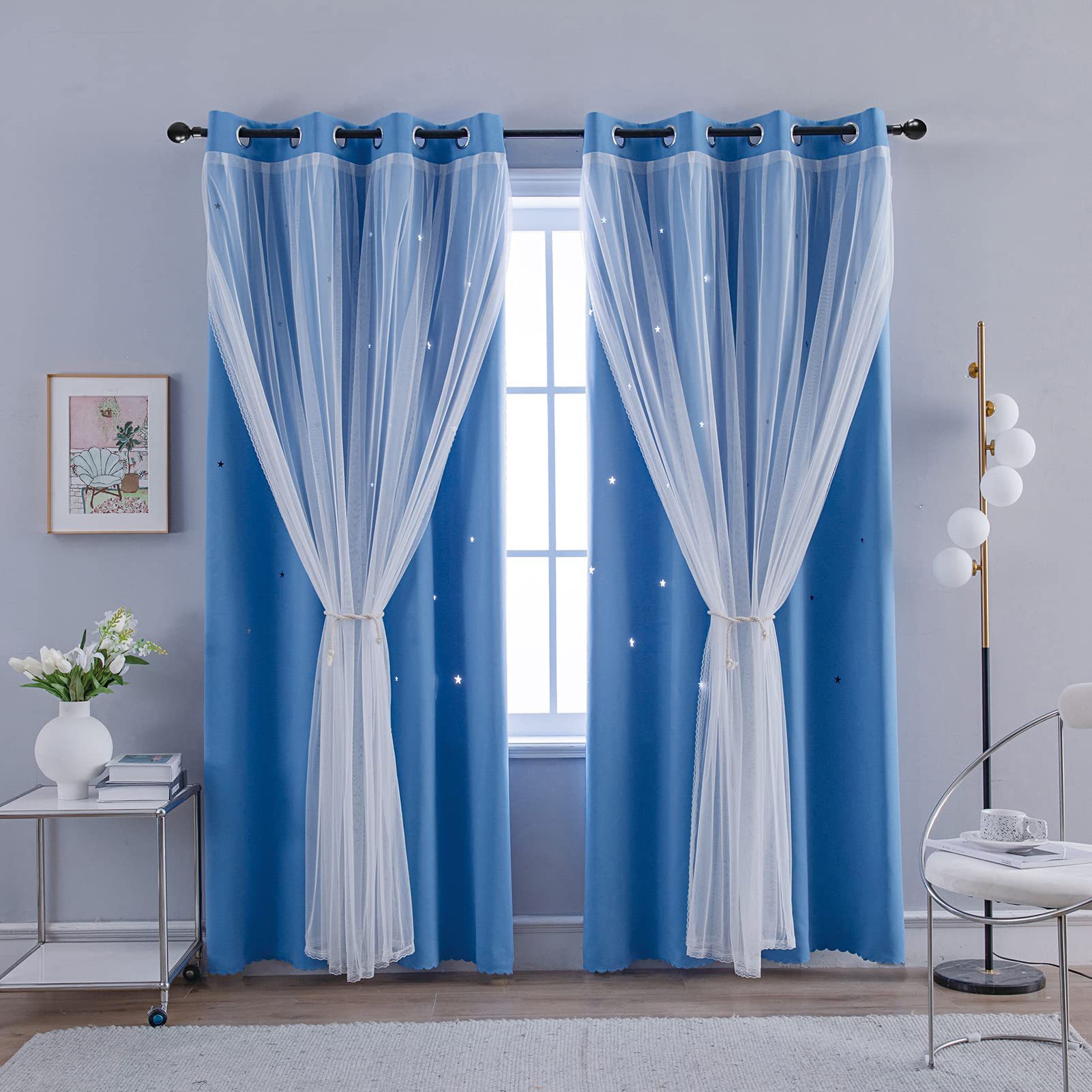 double layer curtains hollow star blackout rod punching short curtains_voghion.com