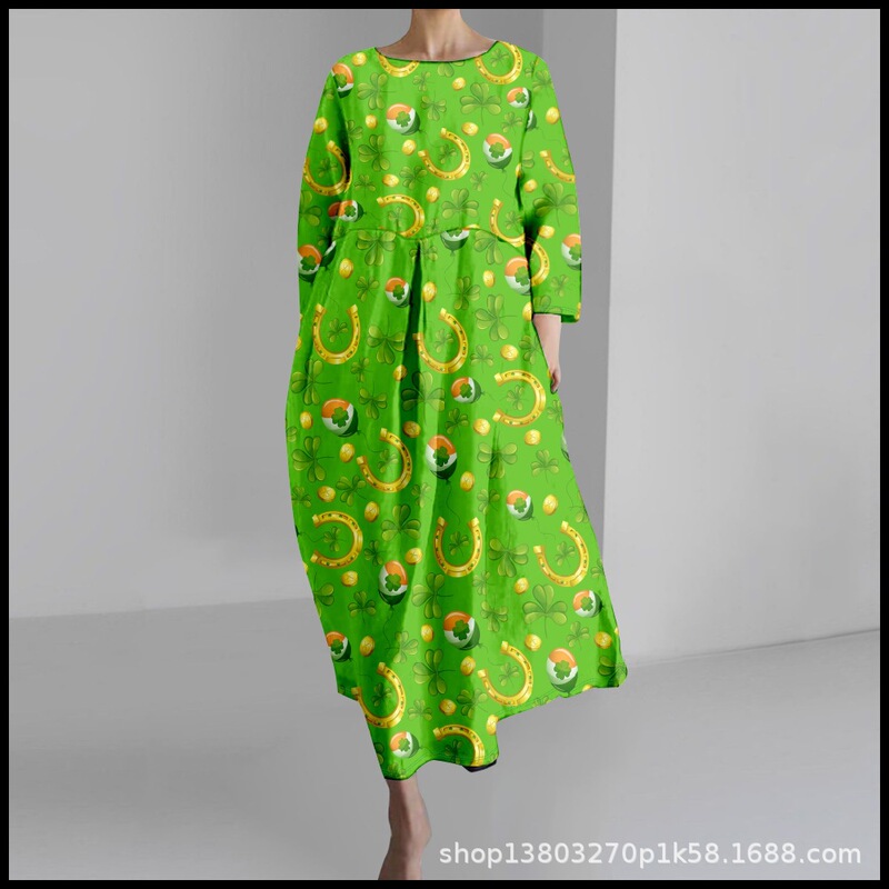 2025 Cross-Border Women's Casual Three-Quarter Sleeve Dress with St. Patrick's Theme Clover 3D Print for Summer