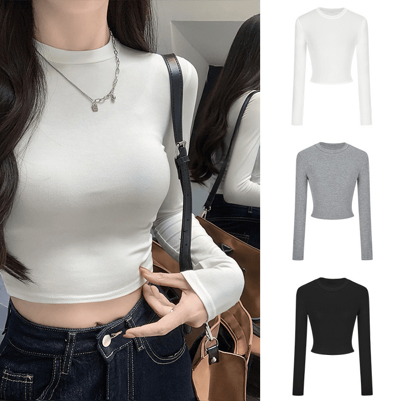 Sexy and alluring short crop top long-sleeve T-shirt for women, autumn Korean style, fashionable slim-fit base shirt, trendy women's top Sexy and alluring short crop top long-sleeve T-shirt for women, autumn Korean style, fashionable slim-fit base shirt, trendy women's top