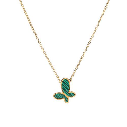 Internet celebrity jewelry 18k gold titanium steel necklace green butterfly pendant beaded clavicle chain popular jewelry necklace