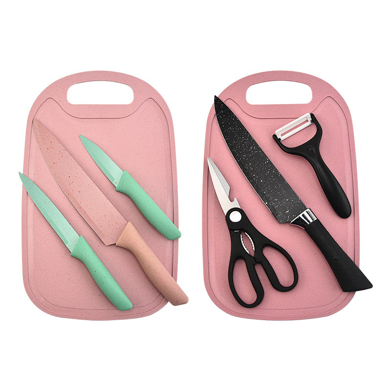 Paja de trigo pintada en pulverización de acero inoxidable doble cara succión con placa de cocina set cuchillo de cocina de piedra de arroz set cuchillo de cocina set de cuatro piezas