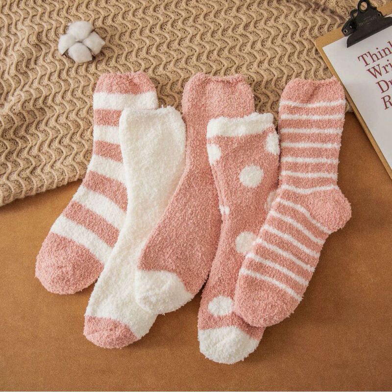 Pink Women's Coral Fleece Fluffy Plush Socks Sailor Crew Home Sleep Socks Warm Gift Ladies Slipper Socks