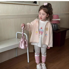 女童卫衣外套2025春季新款洋气儿童黑白条纹连帽开衫宝宝卡通上衣