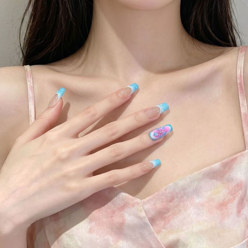 Dai Risen [Loulan Golden Shadow] High-End European and American Style Coffin-Shaped Nail Tips, Blue French-Style Carved Nail Stickers