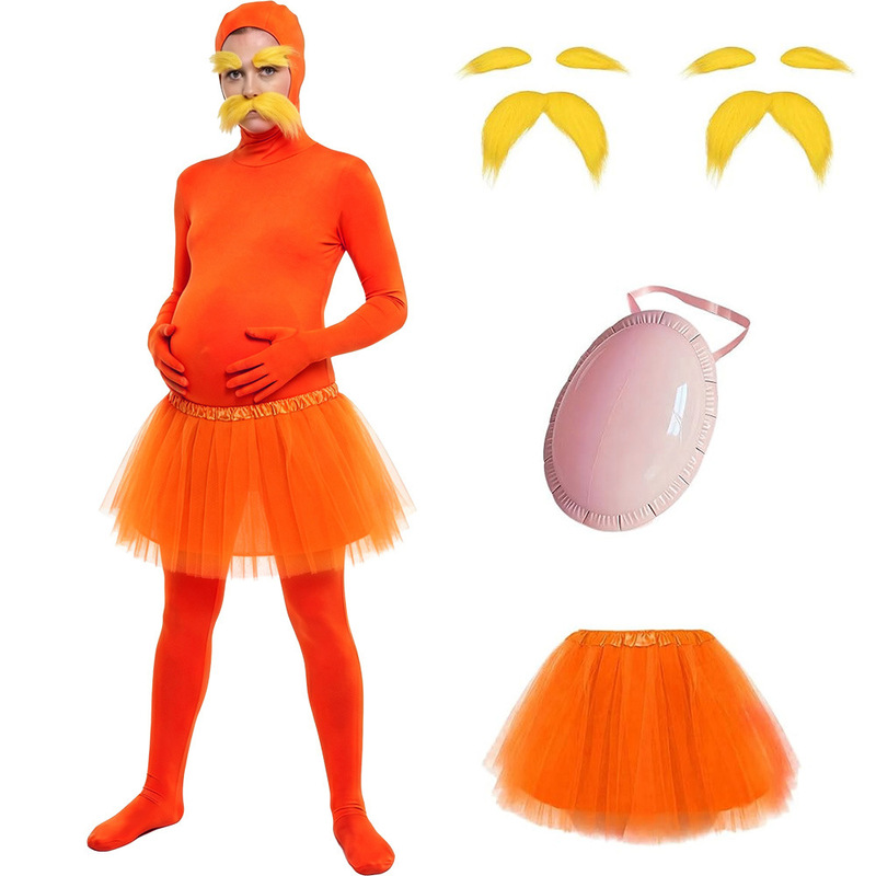 Halloween Orange Full-Coverage Face-Revealing Invisibility Costume with Long Beard and Big Belly for Cosplay