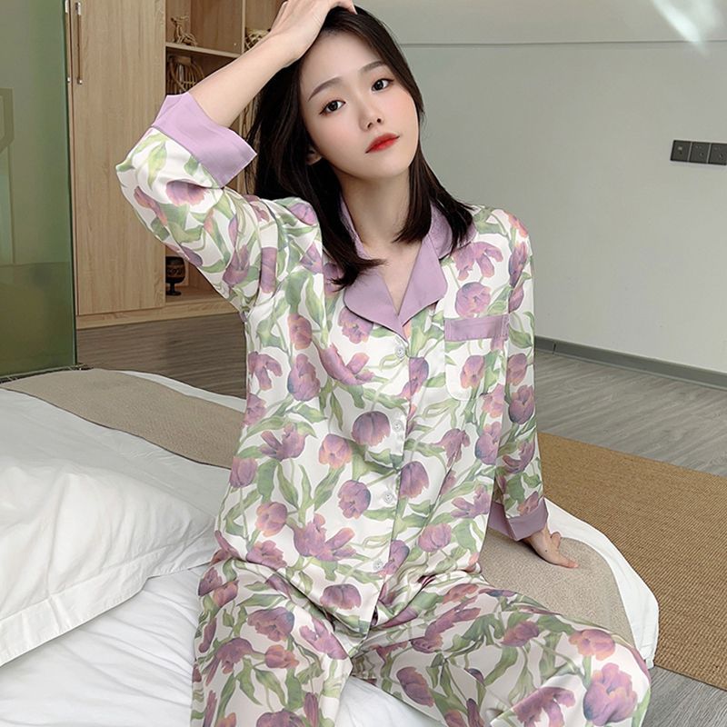 Pijamas al por mayor transfronterizos de mujeres pantalones de manga larga primavera y otoño seda de hielo nuevo encaje de otoño ropa casera casual