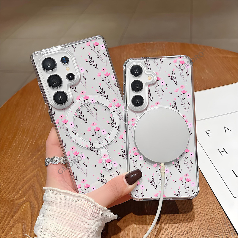 Fresh and youthful style, light pink with fine wildflower pattern, magnetic phone case for Samsung S23/S24 Ultra, transparent protective cover Fresh and youthful style, light pink with fine wildflower pattern, magnetic phone case for Samsung S23/S24 Ultra, transparent protective cover