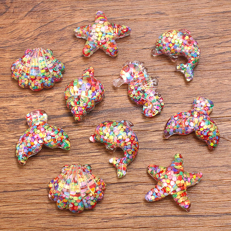 6 DIY resin accessories, glue phone case hairpin material, animal charm sequins, dolphin shell, conch