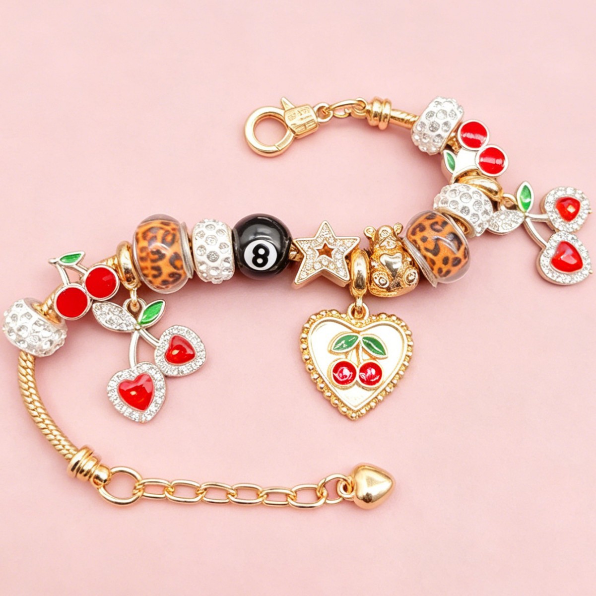 Pan pulsera sexy estampado leopardo negro ocho cuentas pulsera de diamante amor pentagramas osos colgante joyas de moda image 4