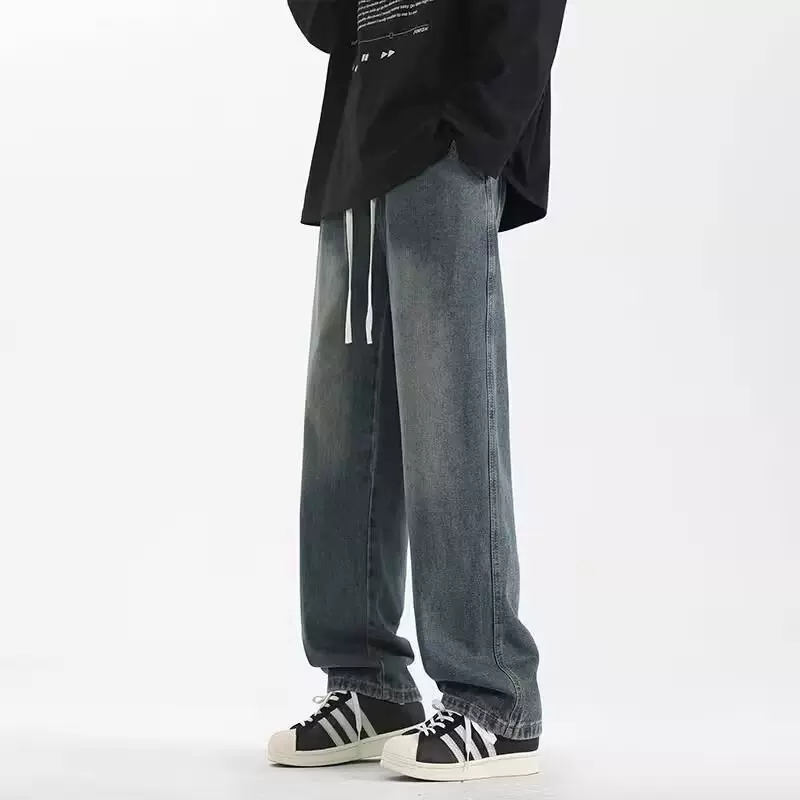秋冬男士时尚百搭松紧腰牛仔裤男潮流复古美式纯色宽松牛仔长裤