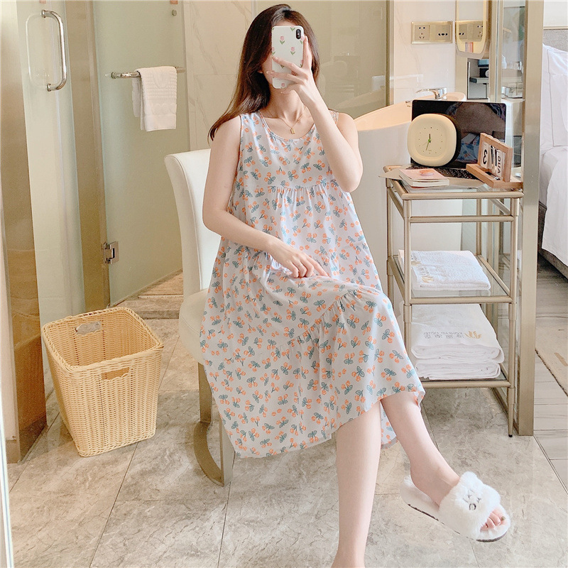 Camisón de seda de algodón para mujer, estilo fino de verano, pijamas estampados de gran tamaño de celebridades de Internet, nueva ropa de hogar sin mangas al por mayor en 2025