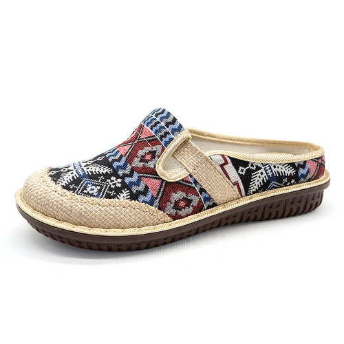 Cloth shoes  breathable new style flat bottom old Beijing women's shoes linen toe embroidered shoes ethnic style half drag Hanfu shoes
