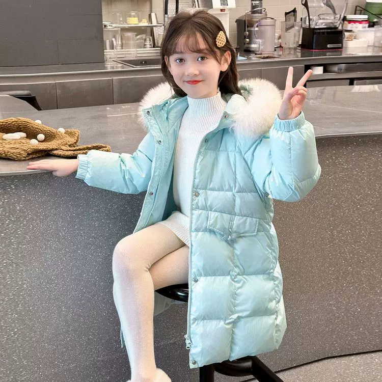 冬季新款韩版童装女童中长款大毛领棉服女孩加厚保暖羽绒棉衣外套