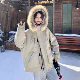韩系工装大毛领连帽派克羽绒服女冬季新款宽松加厚保暖外套2025