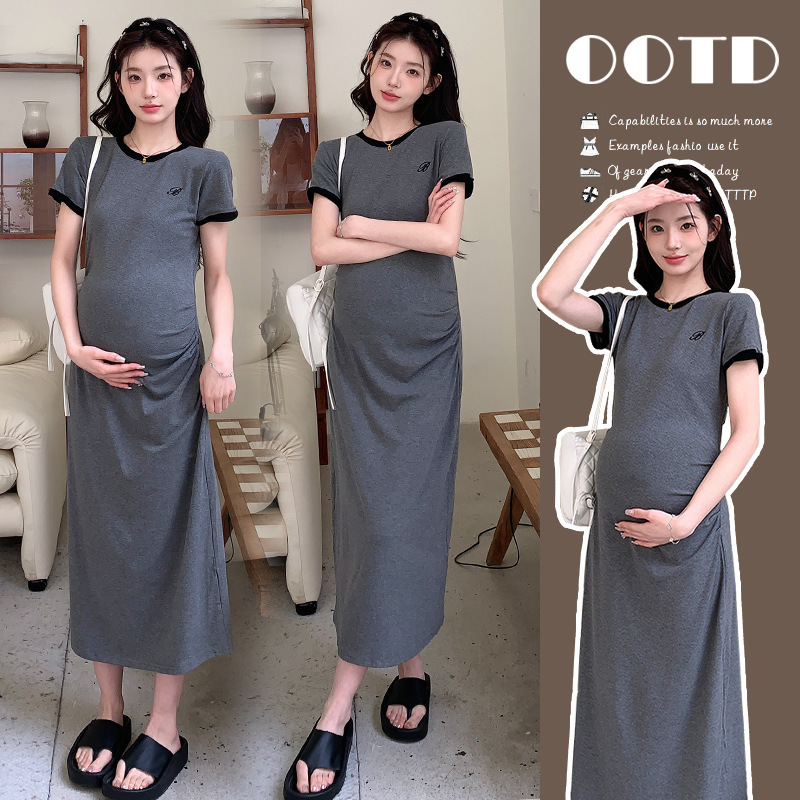 2025 Summer New Fashion French-Style Trendy Mom Embroidered Knitted Stretch Cotton Long Maternity Dress