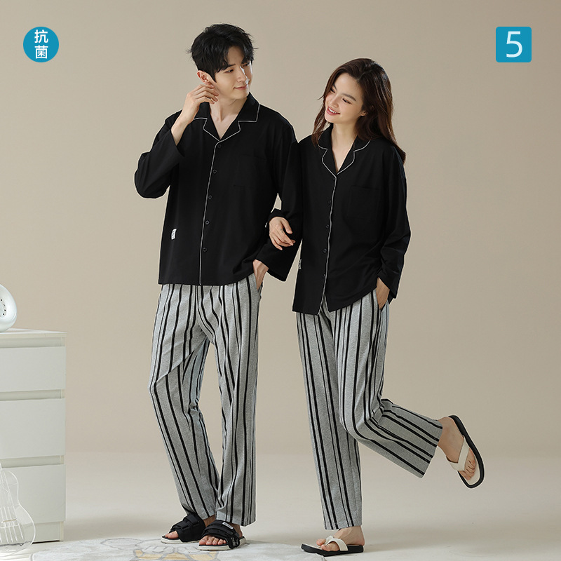 [항균성 신장면] 가을과 겨울 새 긴 소매 면 커플 잠옷 여성 남성 잠옷 홈 세트