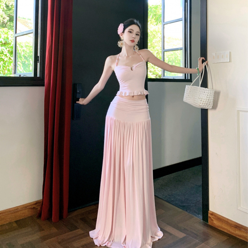 2025夏季新款辣妹性感海边度假收腰挂脖吊带上衣背心女沙滩套装裙