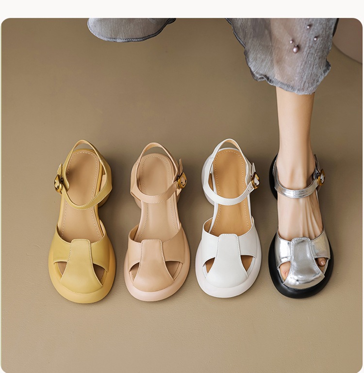 Sandal cao gót nữ bít mũi da cừu gót thô kiểu La Mã đế dày quai ngang — Màu trắng be chi tiết 14
