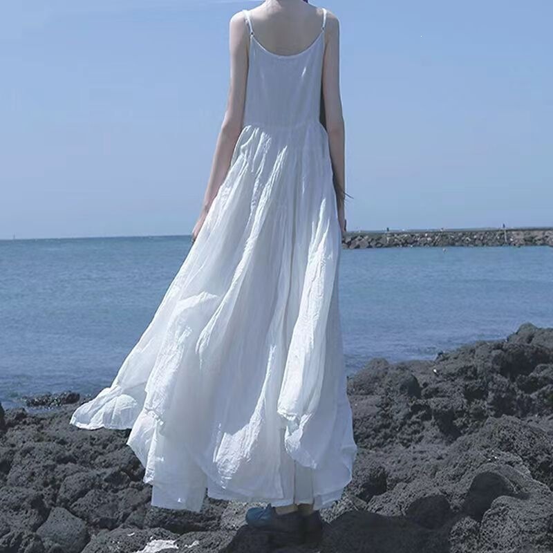 Summer New Style Mori-Style Artistic Retro Ultra-Long Irregular Hem Strap Dress, Loose Solid Color Elegant Long Dress