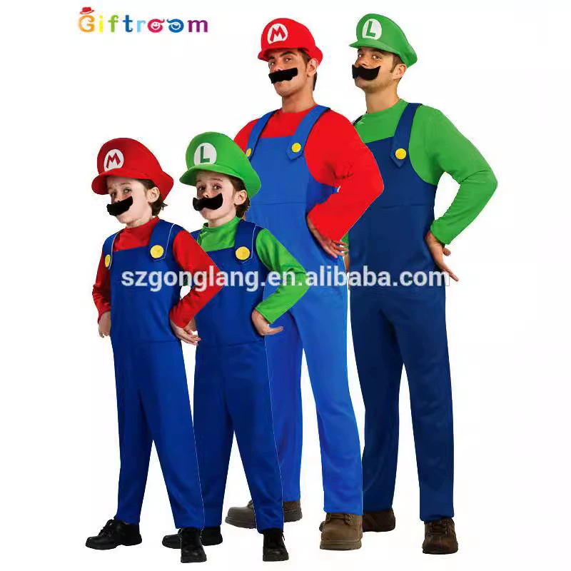 Costume Super Mario-style Overalls Set, Red/Green, Adults & Kids, Sizes 95–188 cm