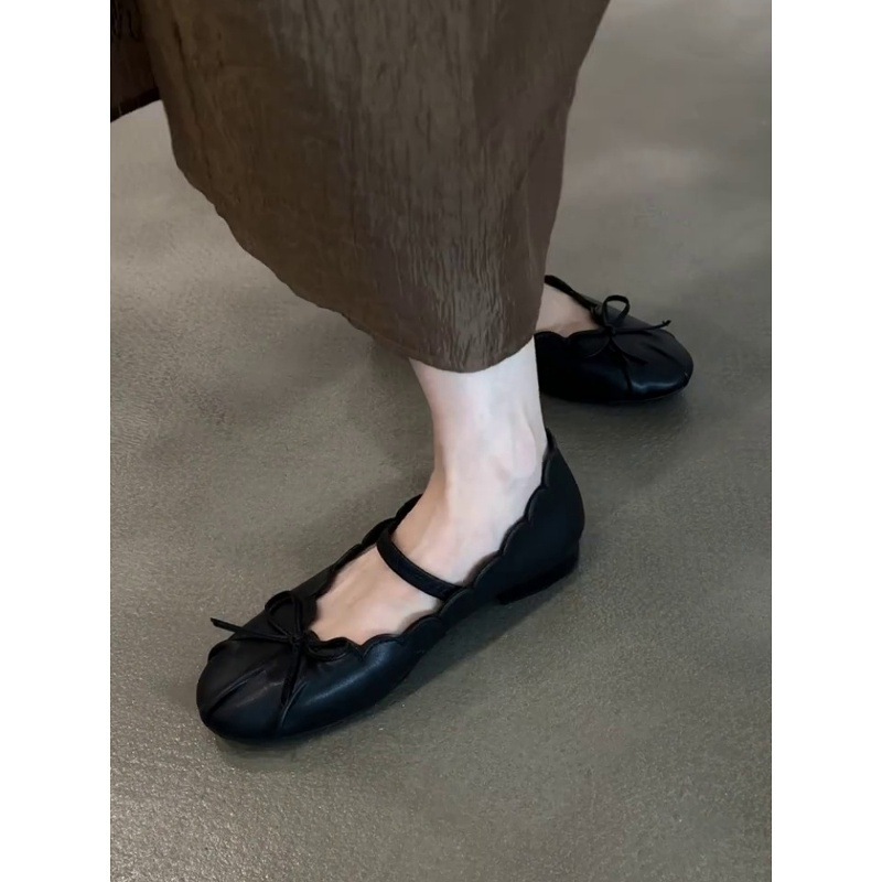 羊皮版~法式真皮复古玛丽珍鞋女一字带蝴蝶结芭蕾平底鞋浅口单鞋|undefined