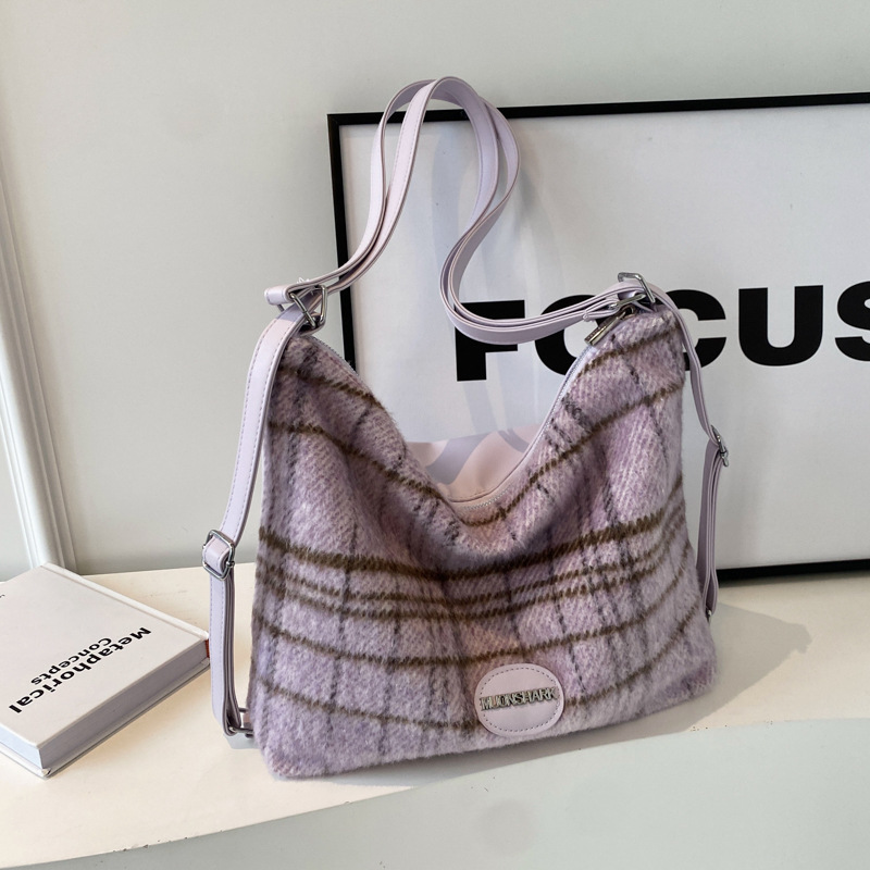 Borsa tote casual in lana con tracolla versatile 2024 nuova borsa tote casual in lana con design alla moda da donna di grandi dimensioni a quadri_voghion.com