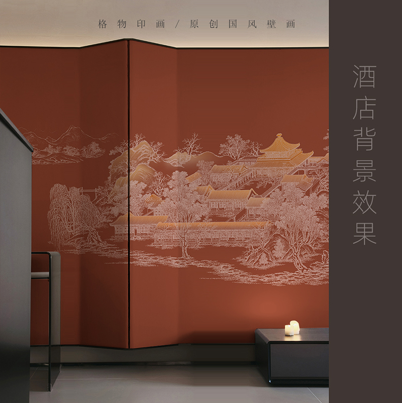 新中式国风楼阁墙纸酒店前台背景墙壁纸餐厅饭店足浴会所装修墙布-阿里巴巴