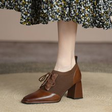 棕色復古系帶單鞋女軟皮通勤舒適高跟鞋2022年春秋粗跟深口罐罐鞋