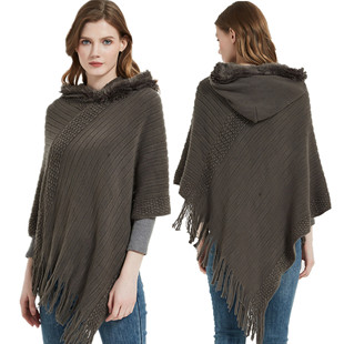 Foreign Trade European and American Shawl Women's Spring, Autumn and Winter New Solid Color Striped Tassel Hooded Cloak Manufacturer Wholesale