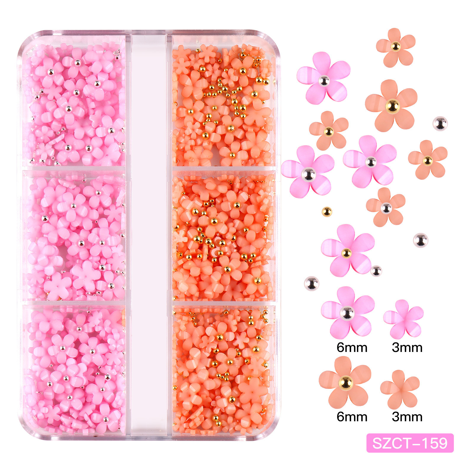 Joyas de uñas transfronterizas Juego de 6 cuadrículas de resina de uñas de color flor de cinco pétalos pequeña bola de acero decoración de uñas de vestir