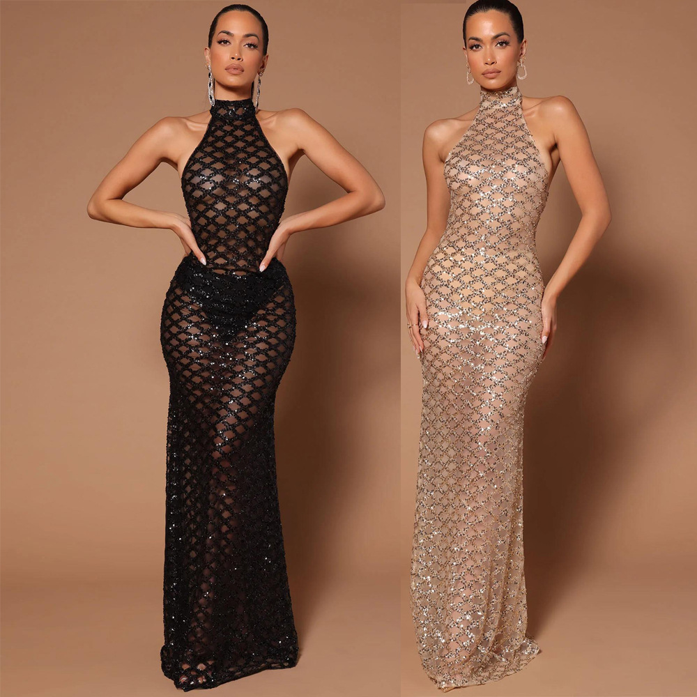 Abito da sera sexy senza schienale, nuovo modello europeo e americano per feste in discoteca, abito trasparente con strass e paillettes per donna_voghion.com