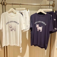 ふんわりとした新しいアイスクリームのモーダルプリントの柔らかい丸首犬の半袖半ズボンのパジャマの女性の家の服
