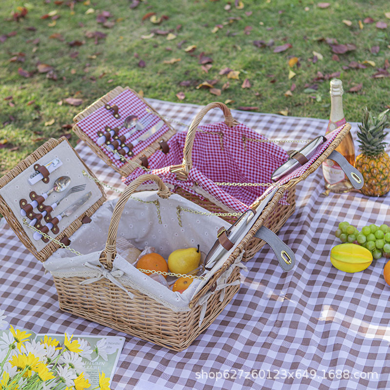 Salida de primavera, cesta de picnic portátil de ratán pastoral, cesta de comedor plegable con tapa, accesorios fotográficos, cesta de picnic al aire libre