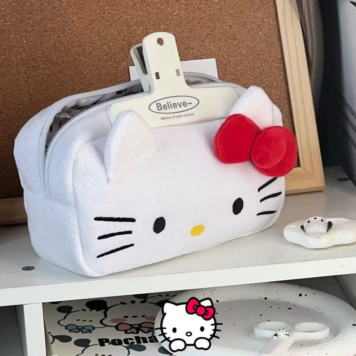 Pencil Case Hello Kitty, Plush Large-Capacity Storage Bag, Soft Bow Design