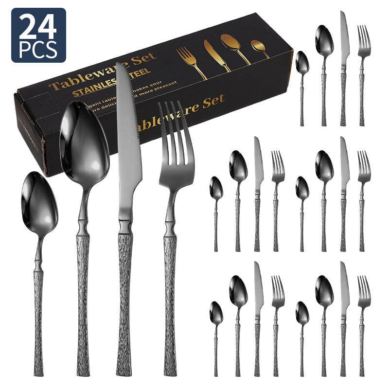 Cuchillos, tenedores y cucharas de acero inoxidable con cintura pequeña transfronteriza Juego de vajilla de acero inoxidable con cuchillo y tenedor de filete dorado, juego de 20/24/30