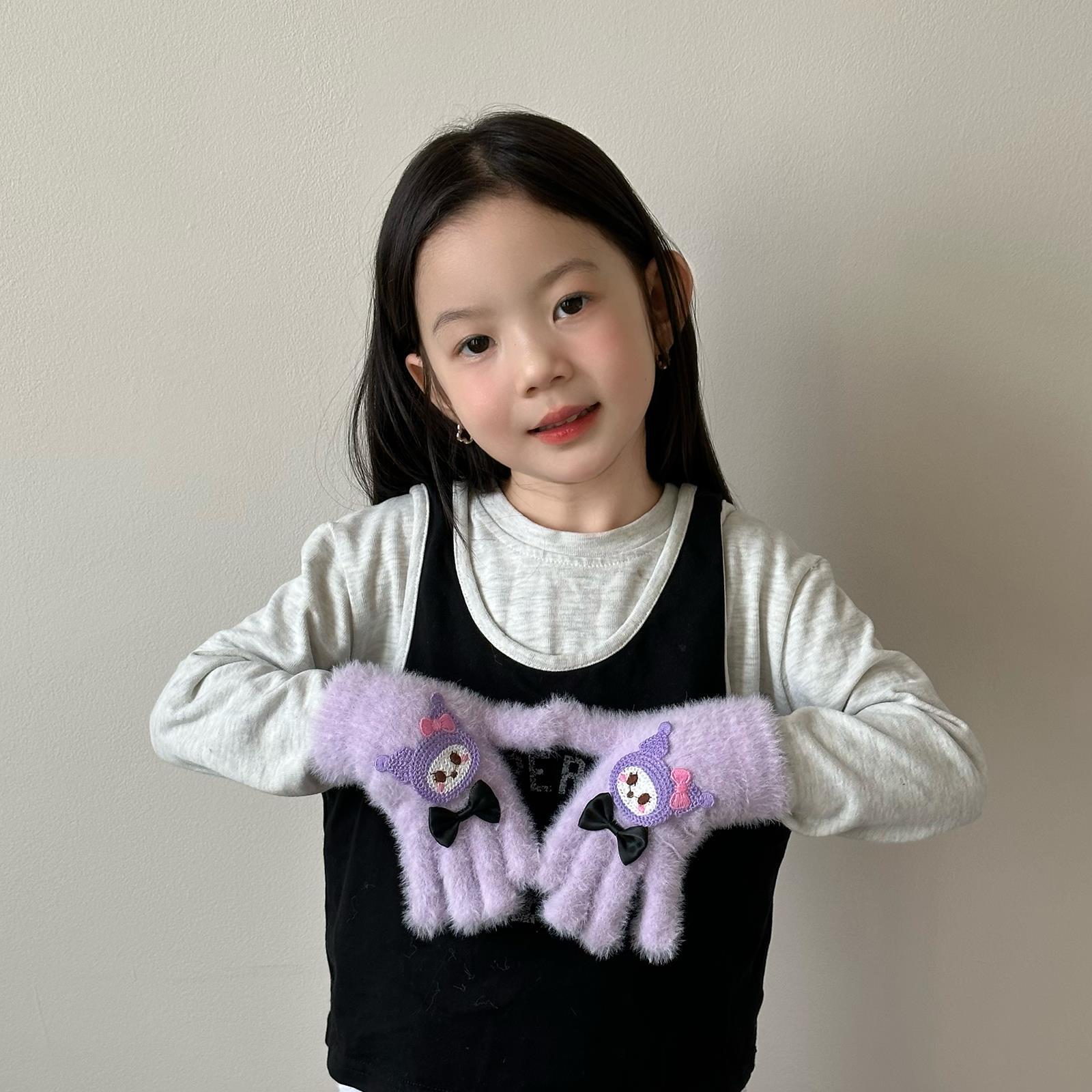Guantes para niños otoño y invierno caliente corbata de dibujos animados galería de arroz dedo de las niñas guantes de punto de lana pelusa gruesa