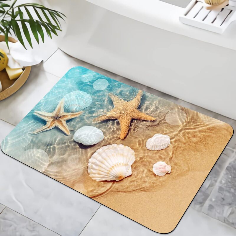Starfish Beach Scenery Flannel Bathroom Rug Non-Slip Washable Coastal Shell Bath Mat Home Decor