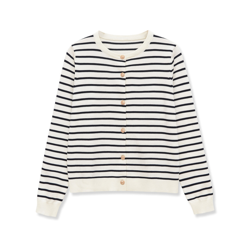 2026 Summer Striped Pattern Round Neck Single-Breasted Long Sleeve Knit European and American Style Women's Sweater Cardigan 2026 Summer Striped Pattern Round Neck Single-Breasted Long Sleeve Knit European and American Style Women's Sweater Cardigan