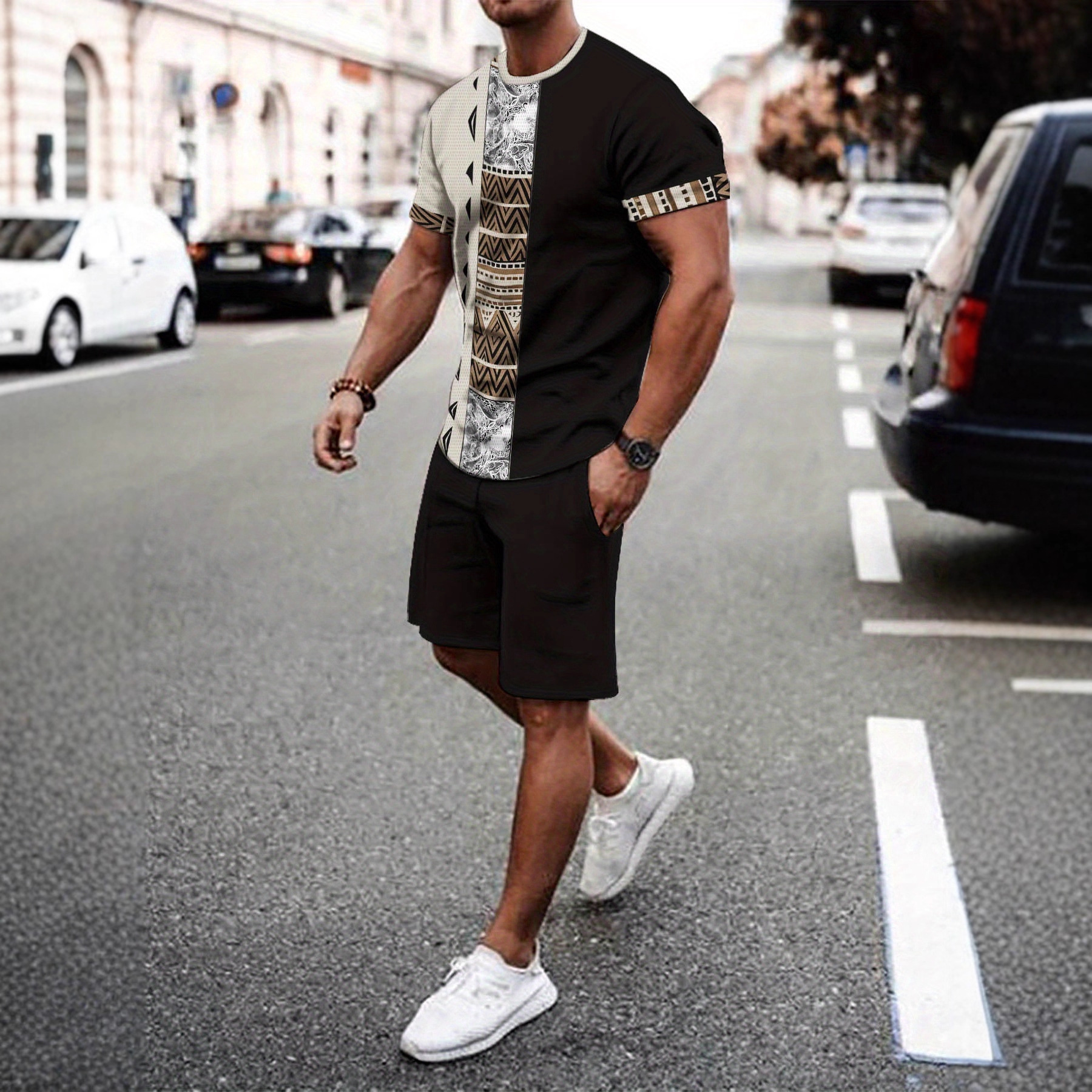 男士夏季新款时尚个性印花时尚潮流休闲日常通勤舒适透气t恤套装