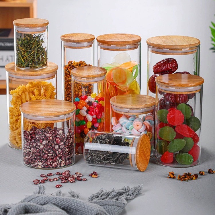 High Borosilicate Transparent Glass Storage Jar Sealed Jar Household Tea Jar Bamboo Cover Jar Multi-specification Candy Jar Storage Jar