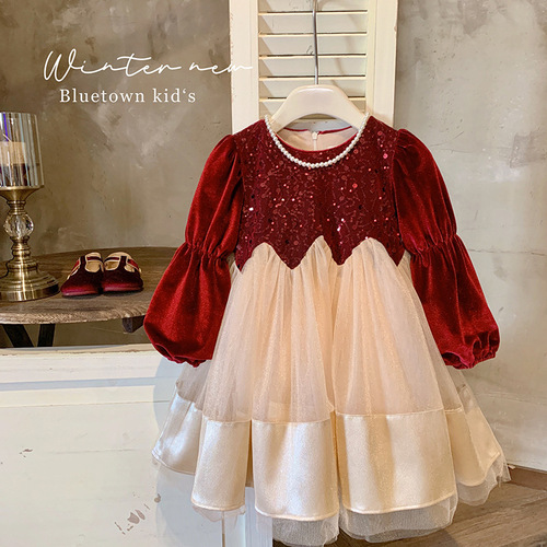 Girls' Dresses Autumn and Winter 2024 New Style Dresses Girls' Velvet Thickened Princess Dresses Puffy Gauze Skirts