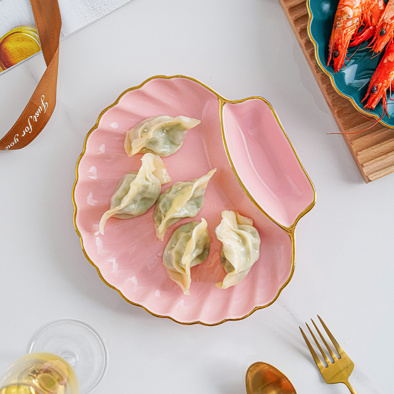 Placa de bola de cerámica de borde dorado de lujo ligero con plato de vinagre Placa de bola de masa personalizada para el hogar Placa de desayuno papas fritas plato de merienda Placa de rejilla