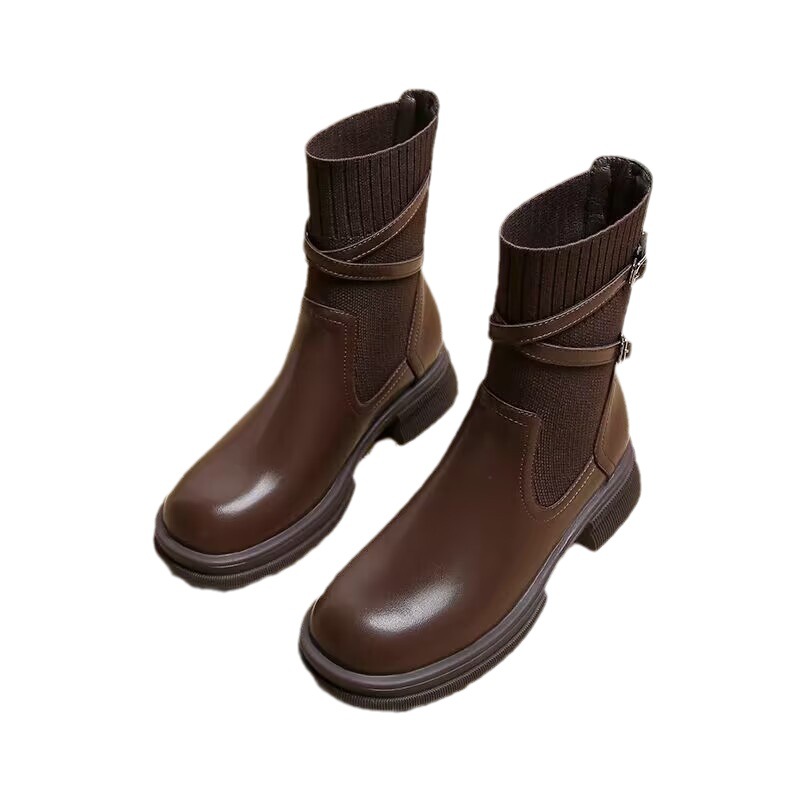 2023 Autumn/winter New Retro Socks and Boots Brown Thick Soled Thick Heel Thin and Thin Boots Korean Short Boots_voghion.com