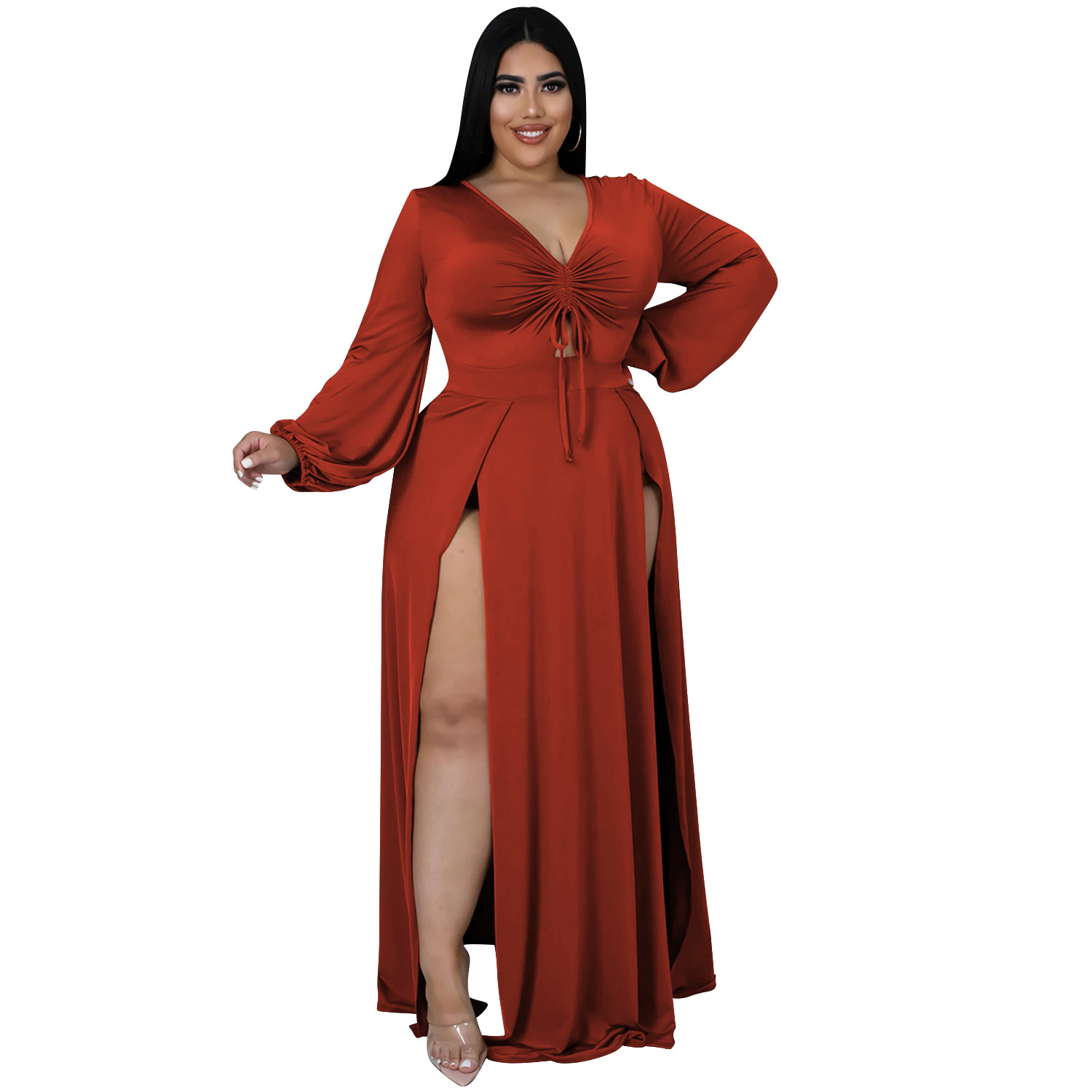 Solid Color Plus Size V-Neck Long-Sleeved Hollow Split Lace-Up Dress With-Separate-Panty NSXYZ110900